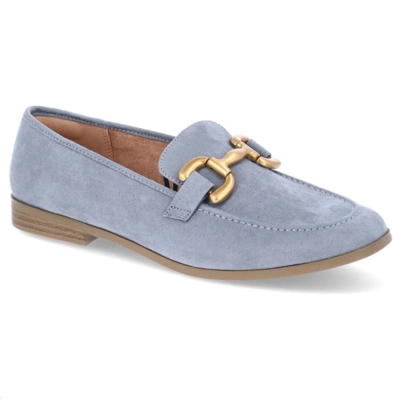 Blue Faux Suede Loafer with Gold Buckle, Flat Slip On Work Shoes, Size 7 - Picture 2 of 11